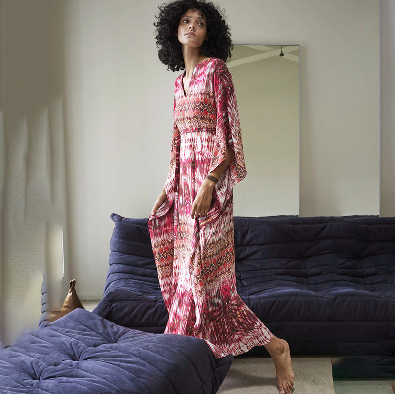 Ladies maxi dress with colorful ethnic pattern and flowing cut Ivyshape