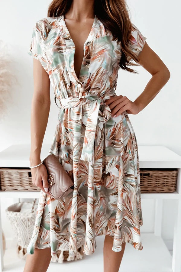 Women's maxi dress with modern geometric cut and waist belt Ivyshape