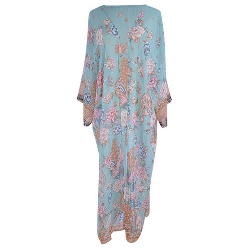 Women's airy kaftan with floral design and wide sleeves Ivyshape