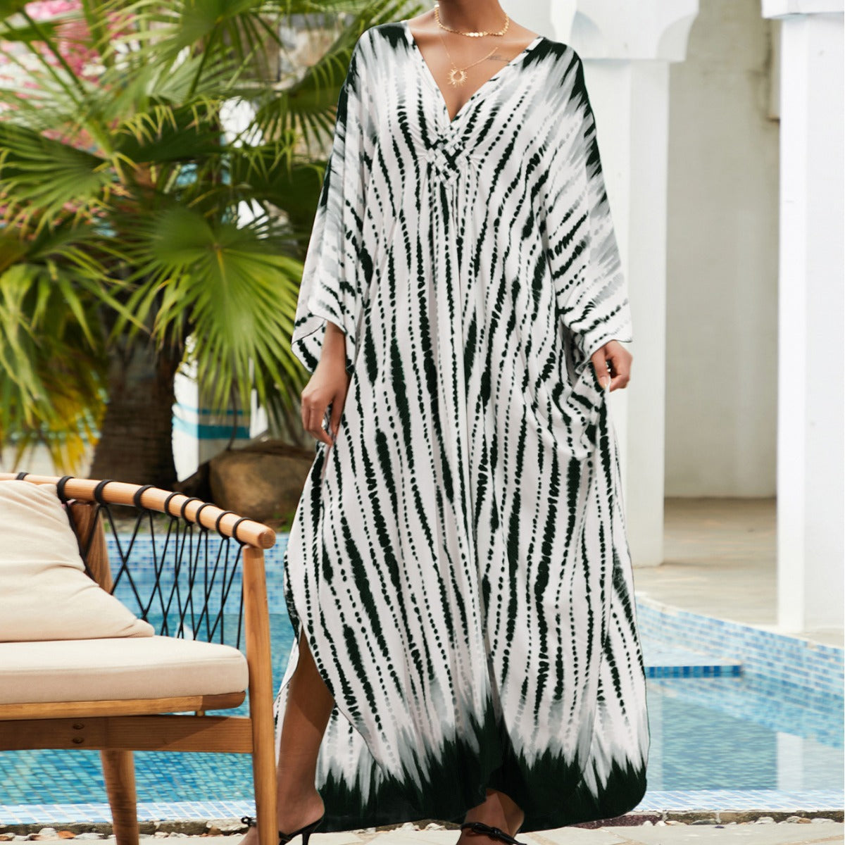 Ladies Maxi Beach Dress with Deep V-Neck and Playful Slit Ivyshape