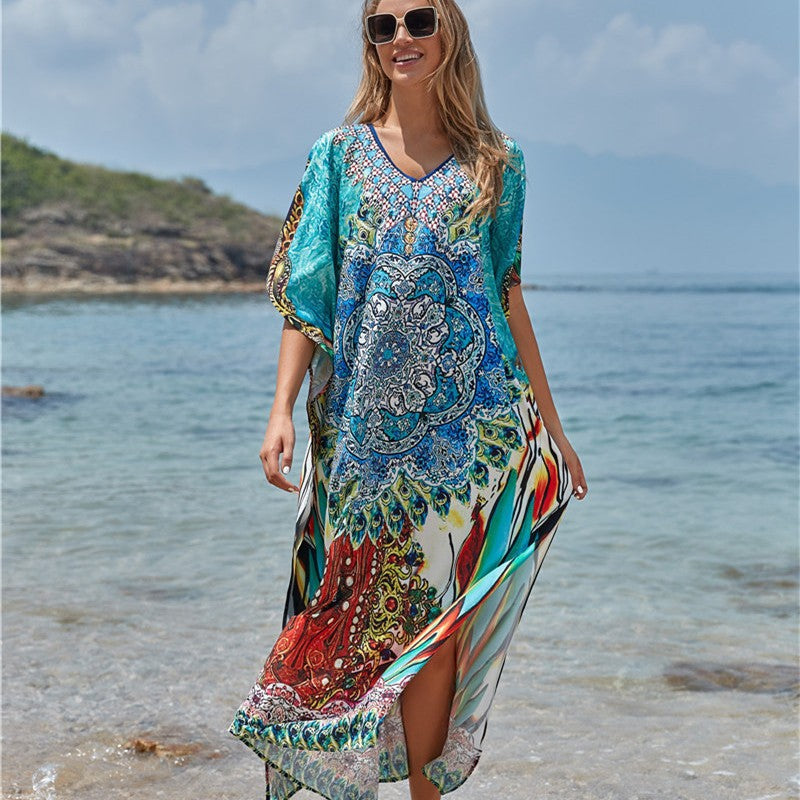 Ladies airy beach kaftan with intricate mandala pattern and wide sleeves Ivyshape