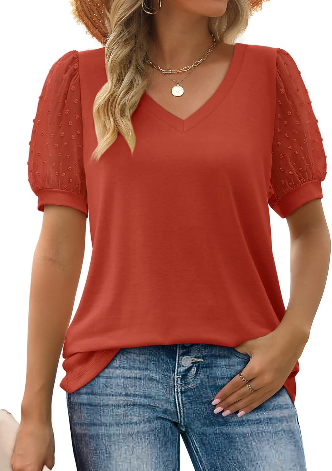 Women Elegant V-Neck Top with Transparent Puff Sleeves Ivyshape