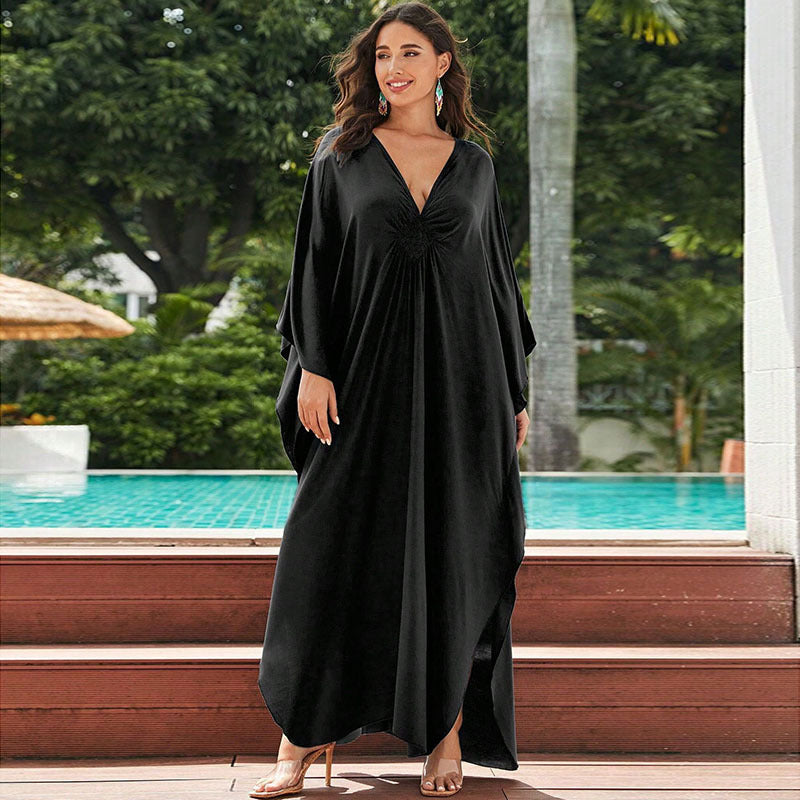 Women's bright summer maxidress with elegant V-neck and flowing silhouette Ivyshape