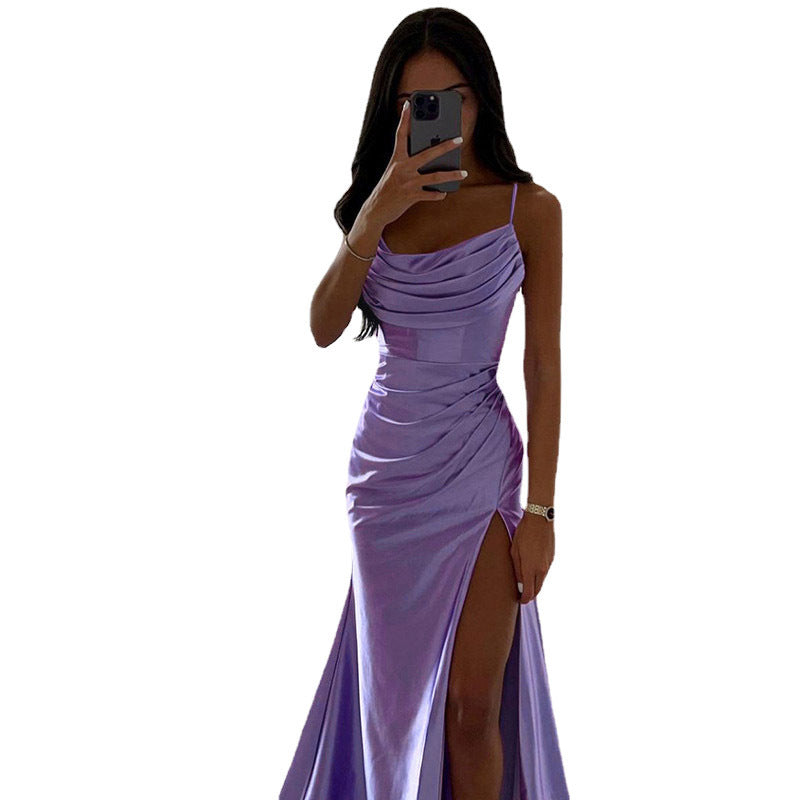 Ladies Elegant Gathered High Slit Maxi Dress Ivyshape
