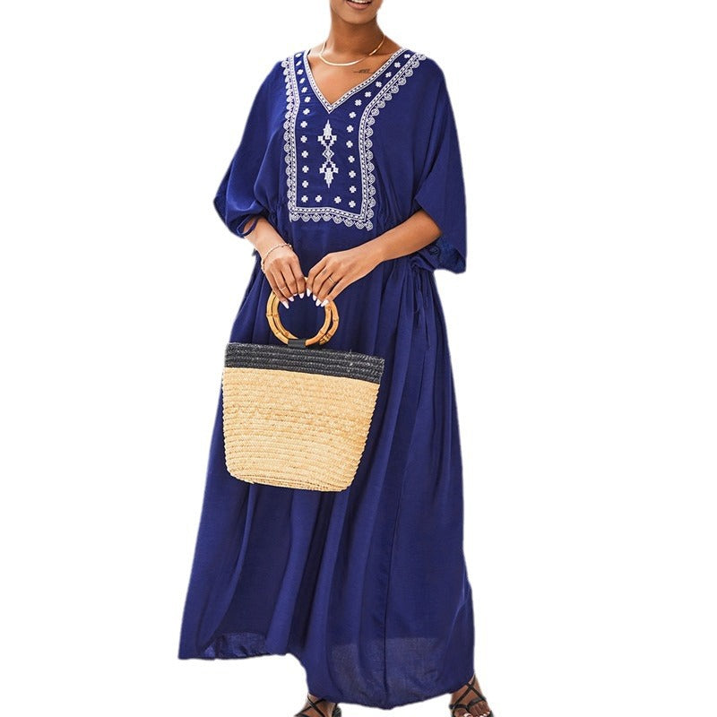 Women's Maxi Dress with artisanal embroidery pattern and loose fit Ivyshape