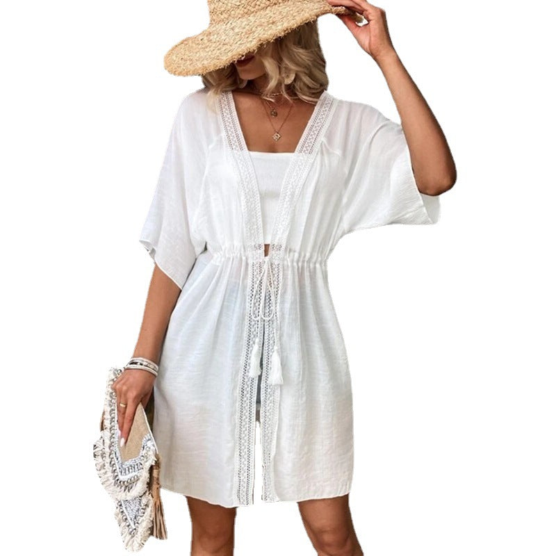 Women's beach tunic with elegant tie belt and lace accents Ivyshape