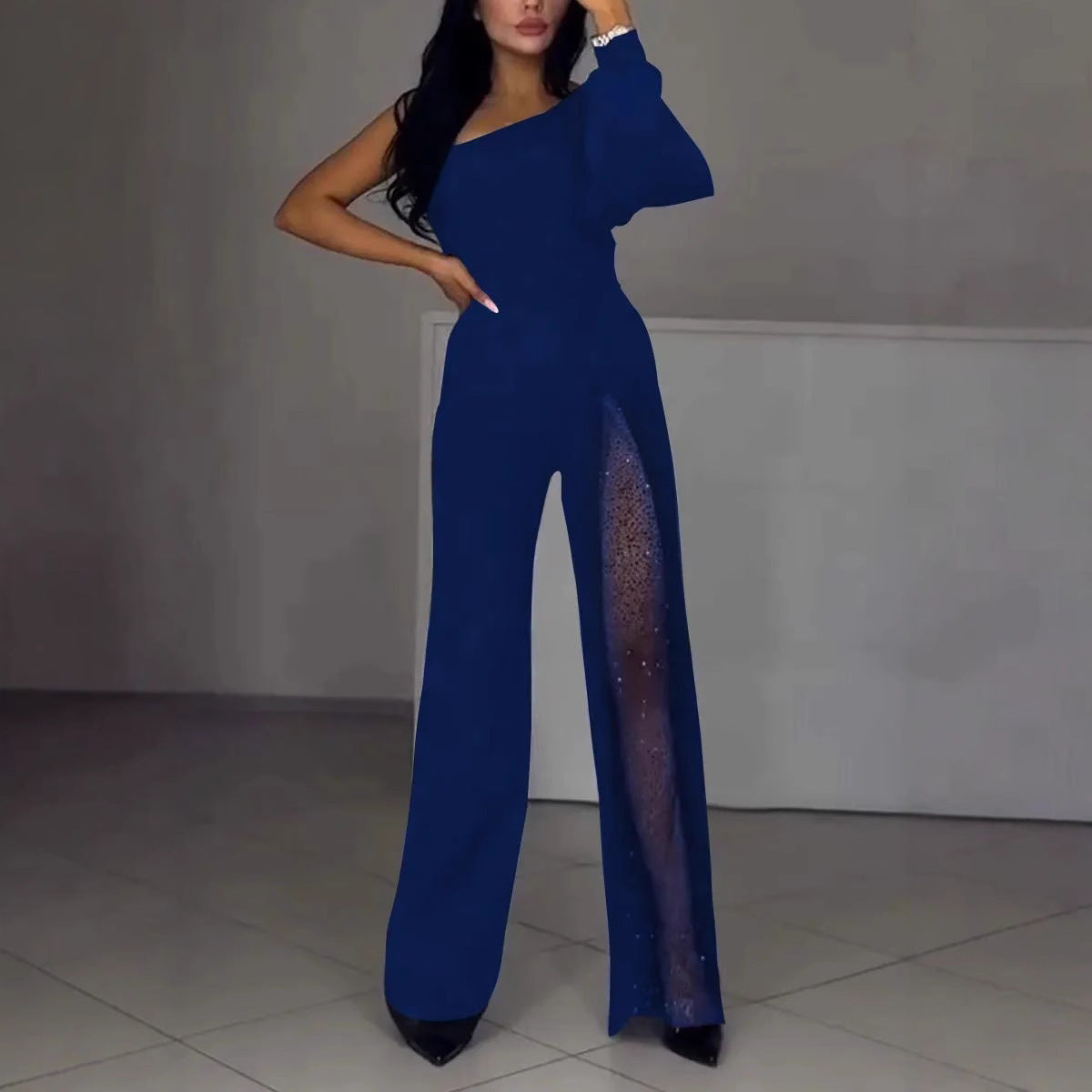 Asymmetrical one-sided women's jumpsuit with sequin panel Ivyshape