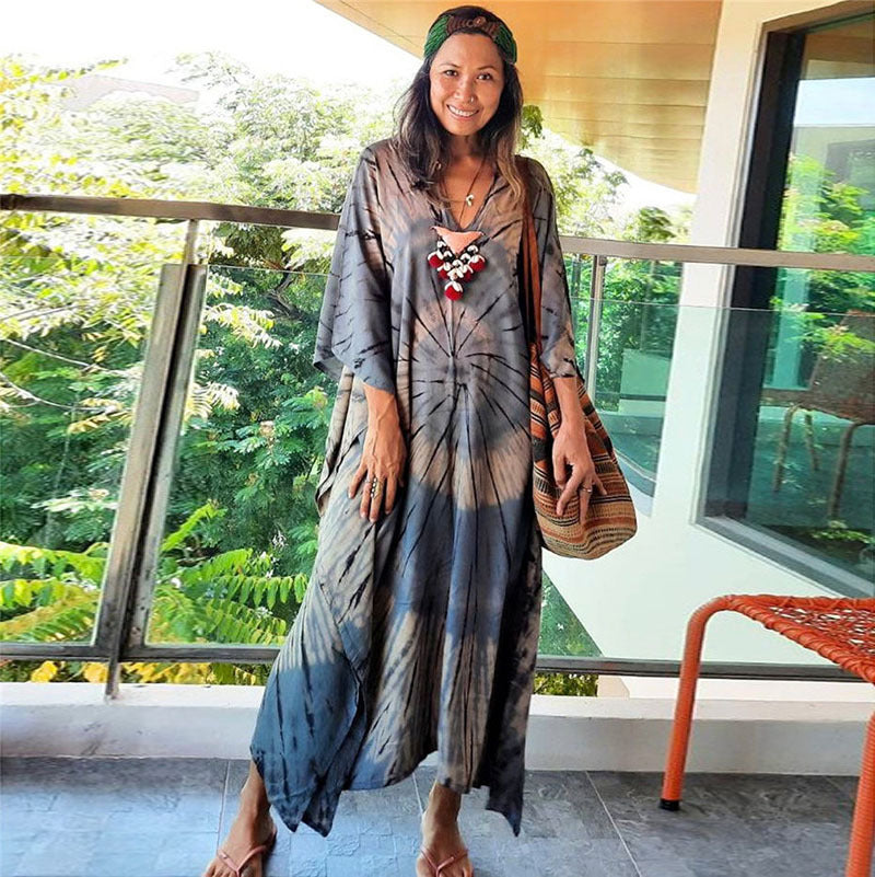 Women's kaftan with timeless batik pattern and elegant V-neck Ivyshape