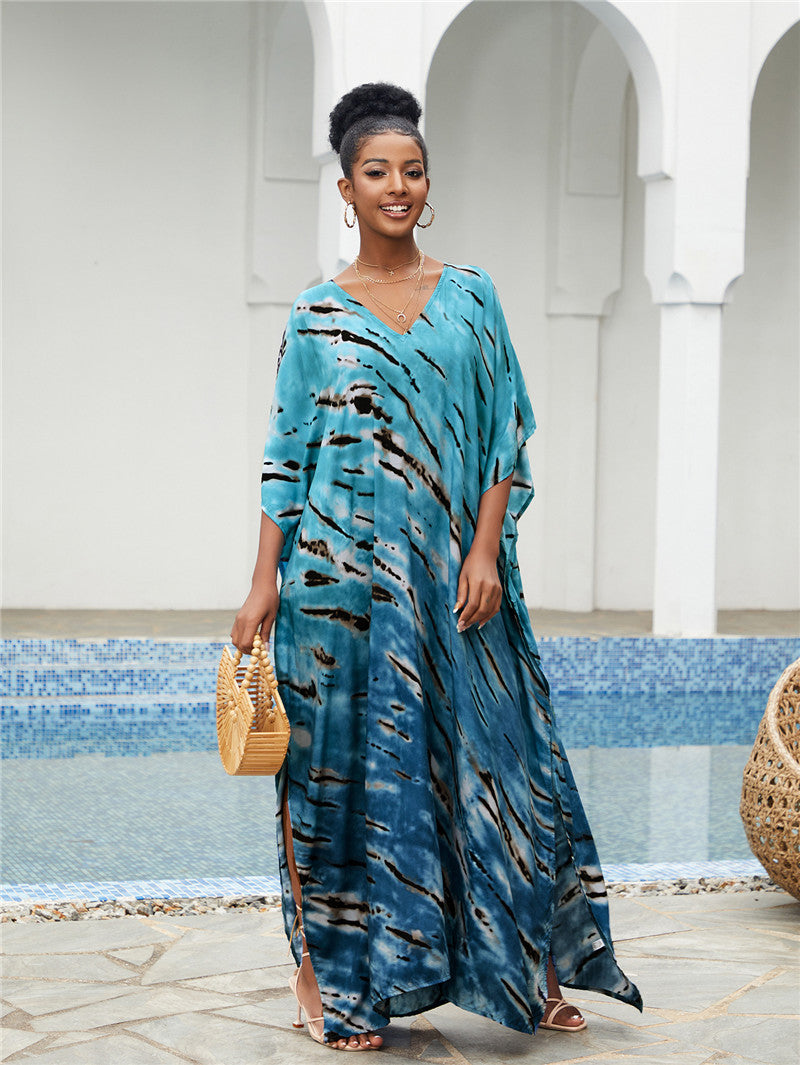 Ladies Kaftan dress with colorful batik pattern and flowing cut Ivyshape