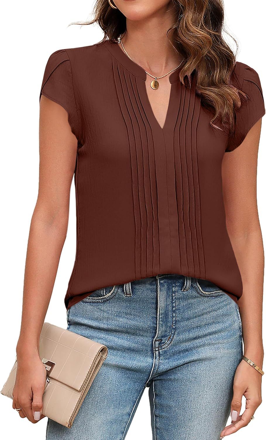 Women Pleated V-Neck Blouse Ivyshape