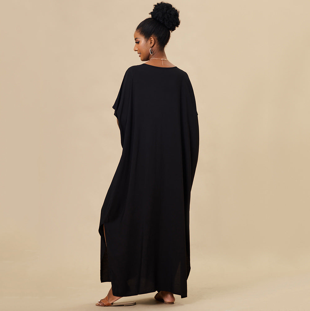 Ladies beach dress with elegant geometric embroidery and deep V-neck Ivyshape