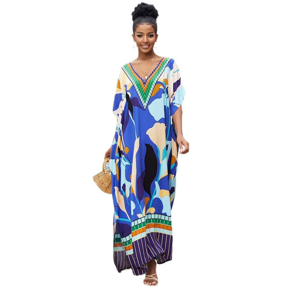 Women’s Maxi Dress with Graphic Pattern Mix and Deep V-Neck Ivyshape
