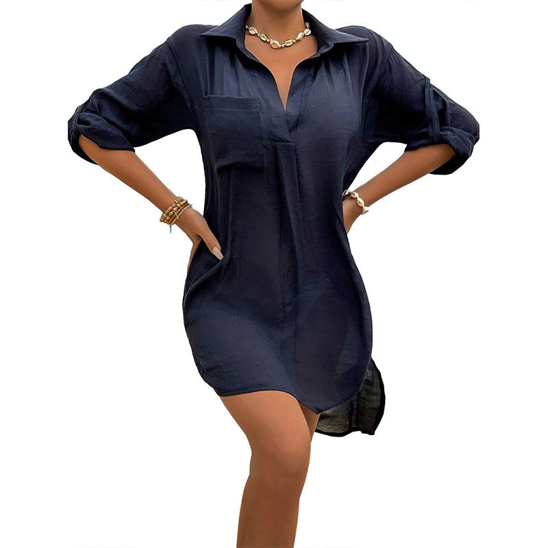 Women's long-sleeved blouse with modern shirt collar and chest pocket Ivyshape