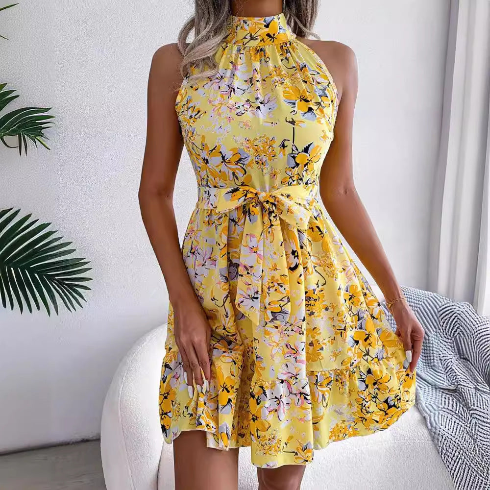 Ladies' festive floral dress with high-neck design and elegant hem Ivyshape