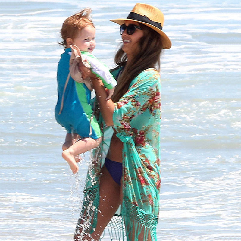 Ladies Trendy Beach Kimono with intricate floral pattern and fringed details Ivyshape