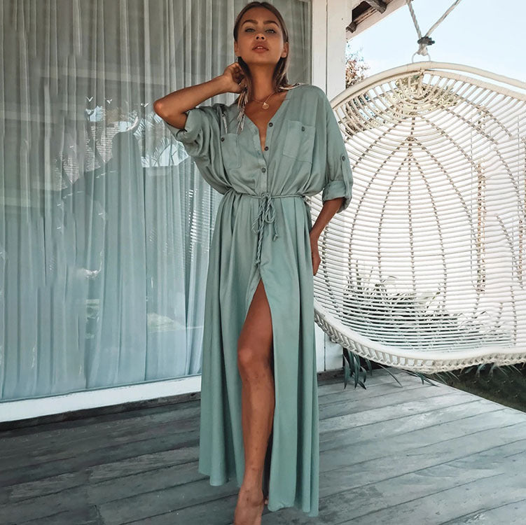Women’s Maxi Dress with Side Slit and Waist Drawstring Ivyshape
