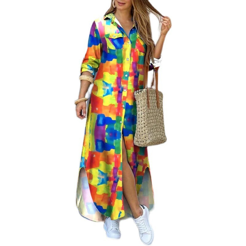Women's maxi dress with geometric pattern and button-shaped details Ivyshape