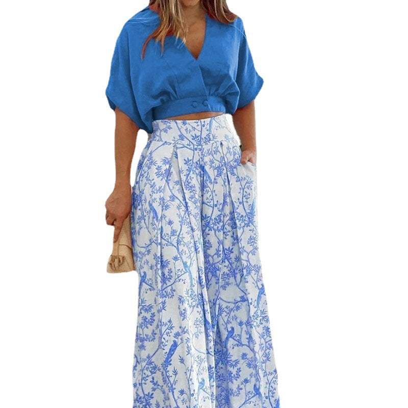 Women casual cropped blouse with dropped shoulders and elegant high-waist pants Ivyshape