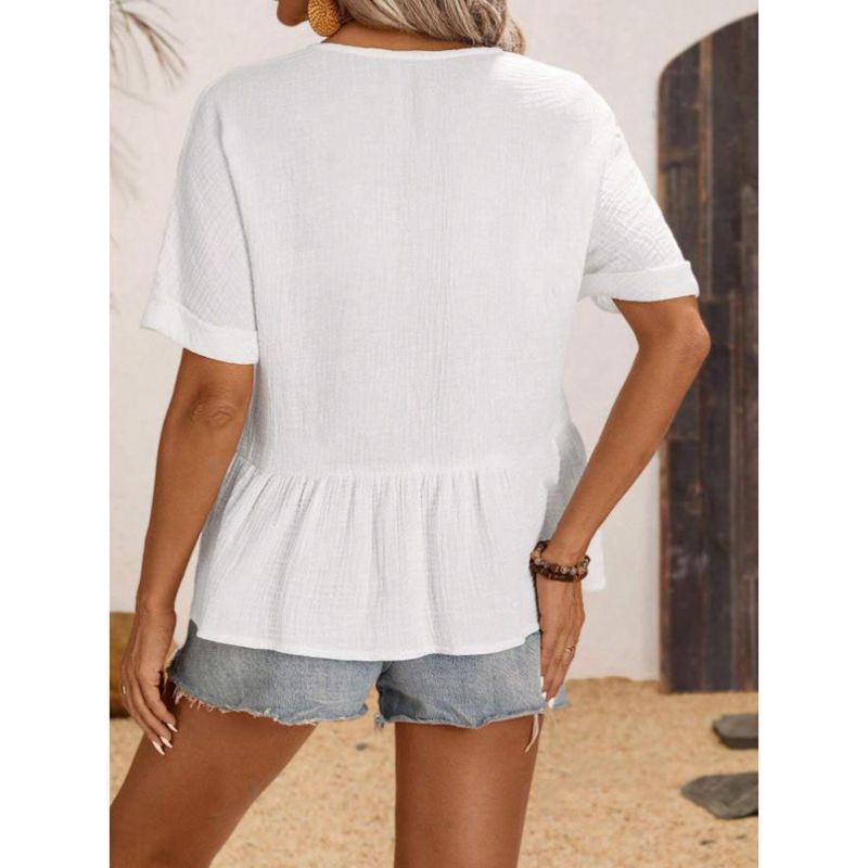 Ladies V-neck blouse with button detail and ruffled hem Ivyshape