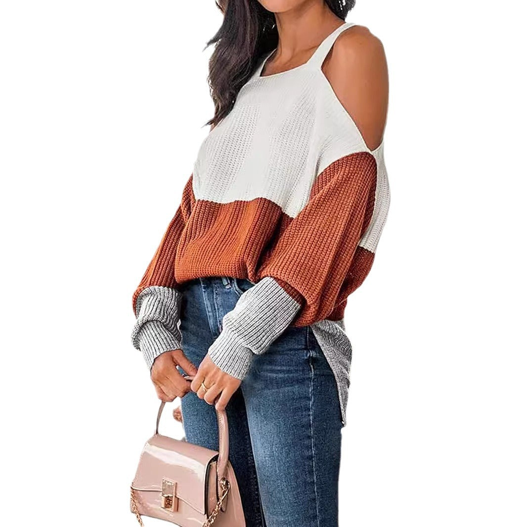 Women's fashionable sweater with off-shoulder design and multicolored contrasts Ivyshape