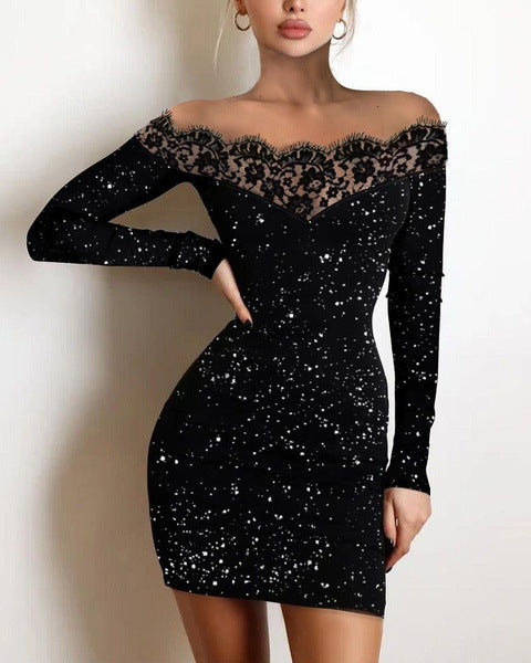 Women's sheath dress with lace neckline and glittering accents Ivyshape