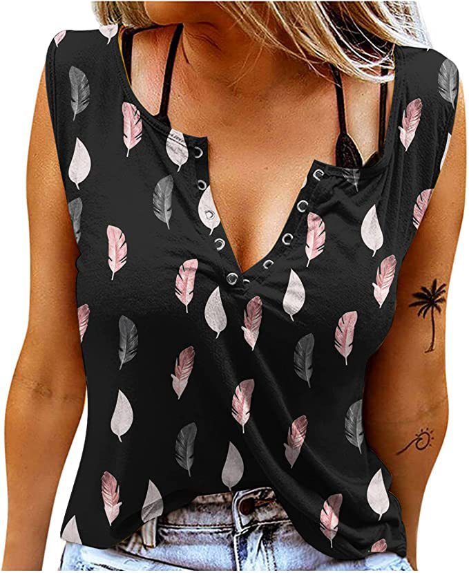 Women's Button Placket T-Shirt with Feather Pattern Ivyshape