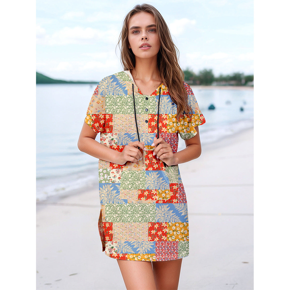 Women’s casual beach dress with cheerful patchwork design Ivyshape