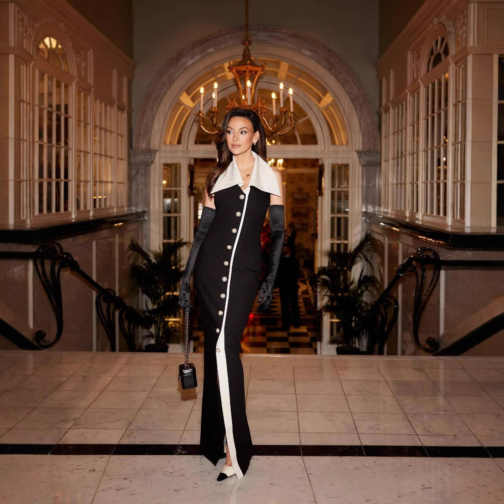 Sophia - Maxi abito elegante con chiusura a bottoni a contrasto
