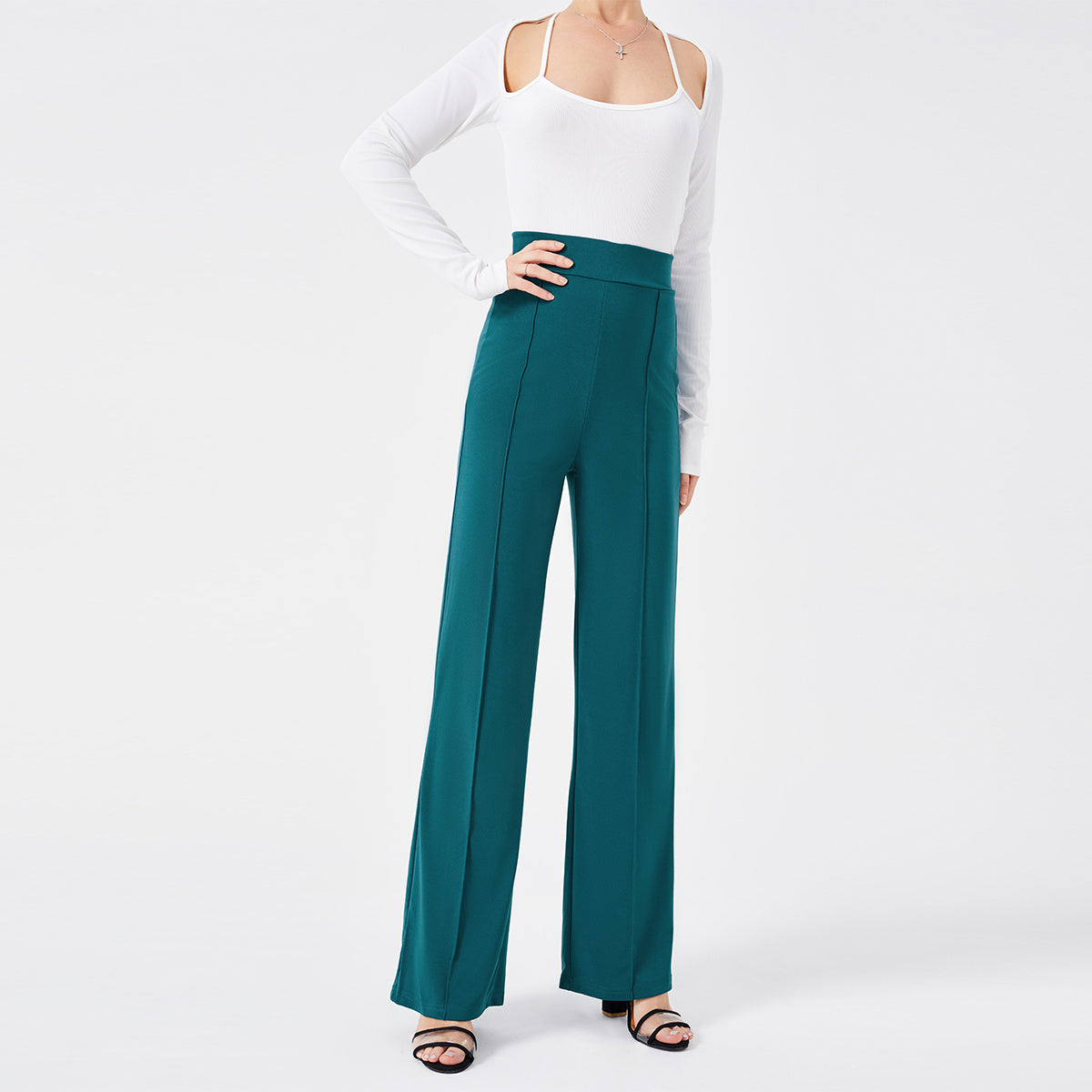 Carmen | Pantaloni casual in tinta unita, vestibilità slim, vita alta e fondo a campana