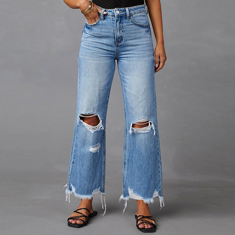 Elisa | Jeans a vita alta in stile europeo e americano con strappi ed effetto water washed