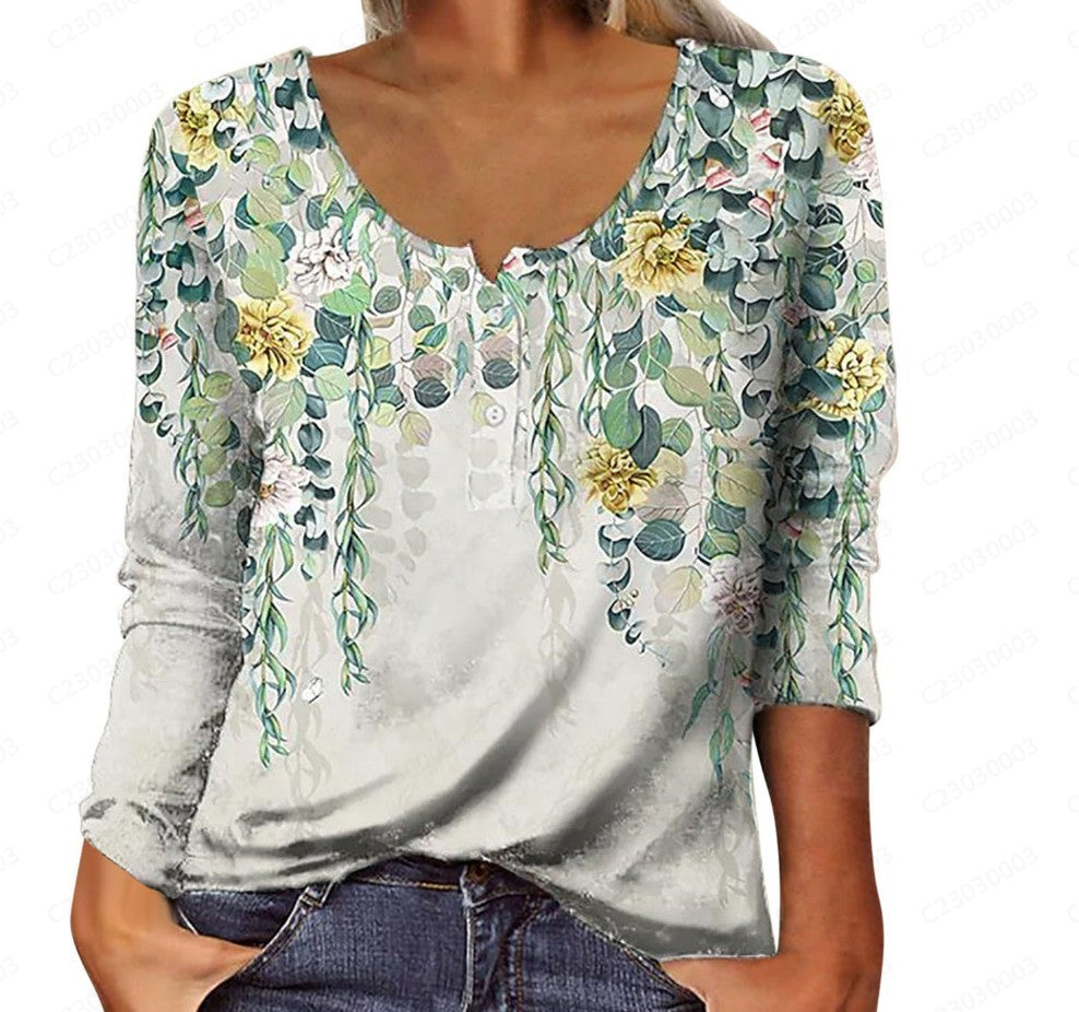 Leire | T-shirt a maniche lunghe con scollo a U, stampa floreale geometrica e bottoni