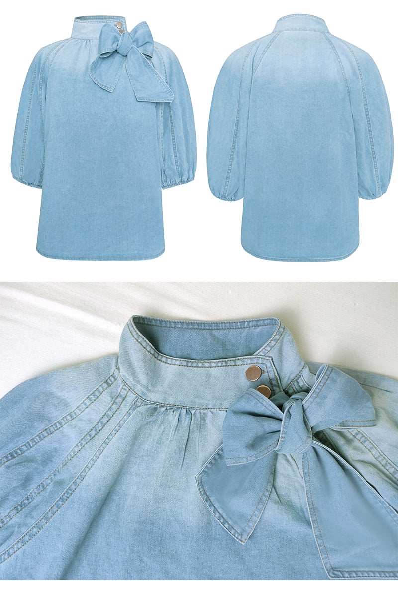 Natalia | Top donna in cotone con collo alto in denim con lacci