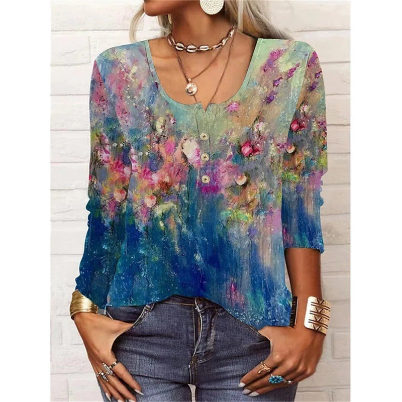 Leire | T-shirt a maniche lunghe con scollo a U, stampa floreale geometrica e bottoni