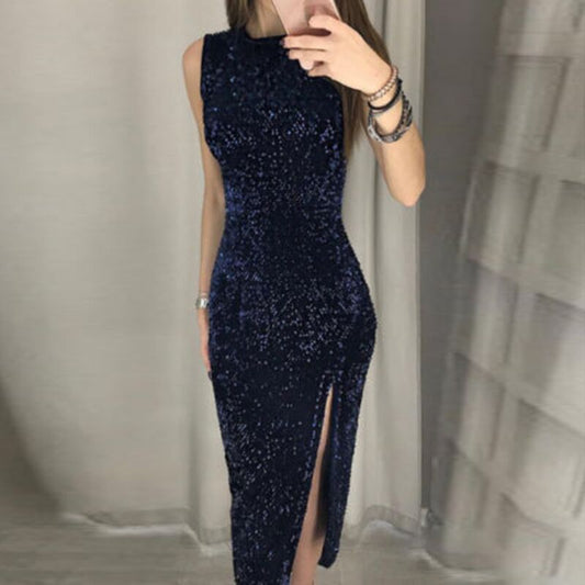 Women's Shiny Sequin Midi Dress with Side Slit Ivyshape