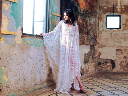 Ladies Elegant Lace Beach Robe with Wide Cut Sleeves and Deep V-Neck Ivyshape