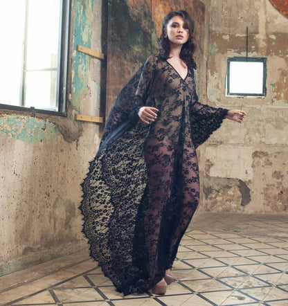 Ladies Elegant Lace Beach Robe with Wide Cut Sleeves and Deep V-Neck Ivyshape