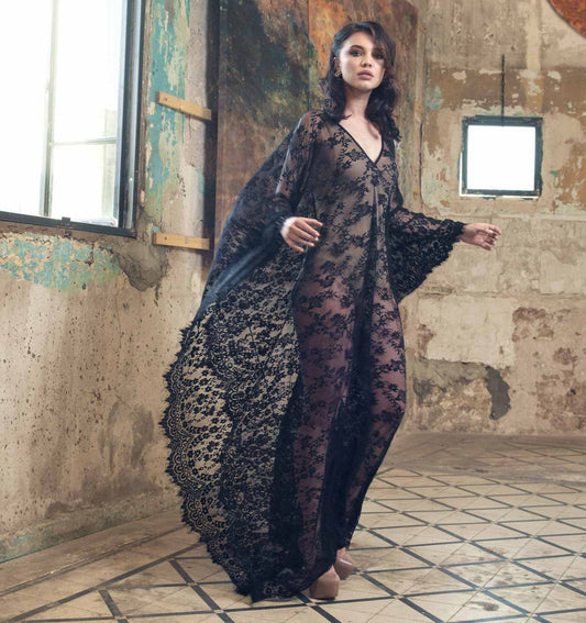 Ladies Elegant Lace Beach Robe with Wide Cut Sleeves and Deep V-Neck Ivyshape