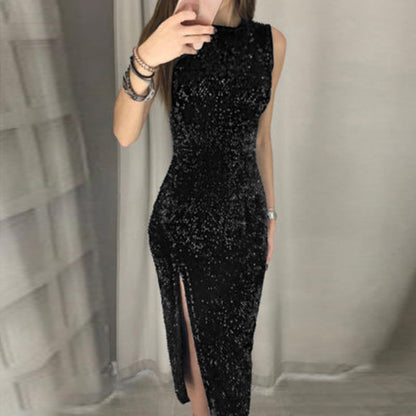 Women's Shiny Sequin Midi Dress with Side Slit Ivyshape