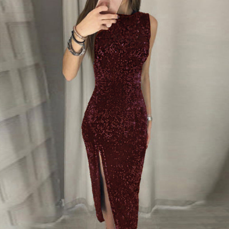 Women's Shiny Sequin Midi Dress with Side Slit Ivyshape