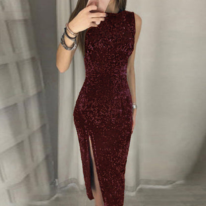 Women's Shiny Sequin Midi Dress with Side Slit Ivyshape