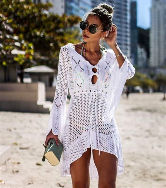 Women Casual Crochet Beach Cover-Up with Deep V-Neck and Loose Fit Ivyshape
