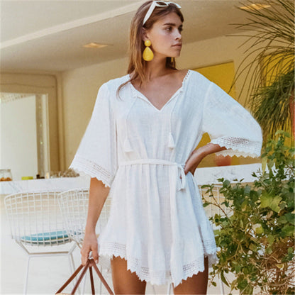 Women's elegant beach robe with lace embellishments Ivyshape