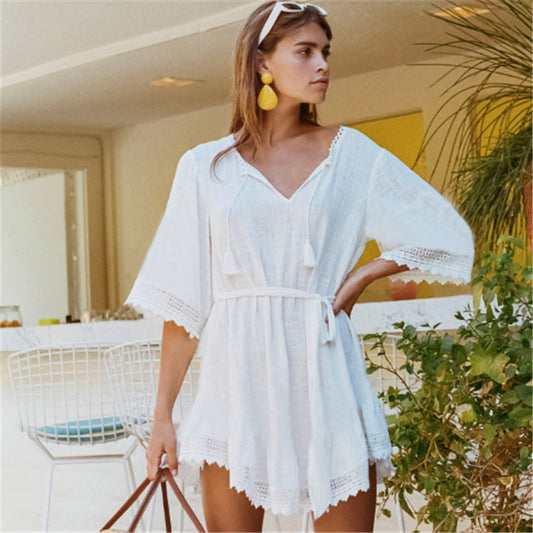 Women's elegant beach robe with lace embellishments Ivyshape
