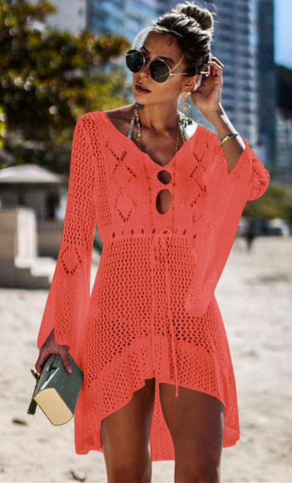 Women Casual Crochet Beach Cover-Up with Deep V-Neck and Loose Fit Ivyshape