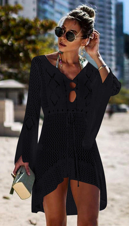 Women Casual Crochet Beach Cover-Up with Deep V-Neck and Loose Fit Ivyshape
