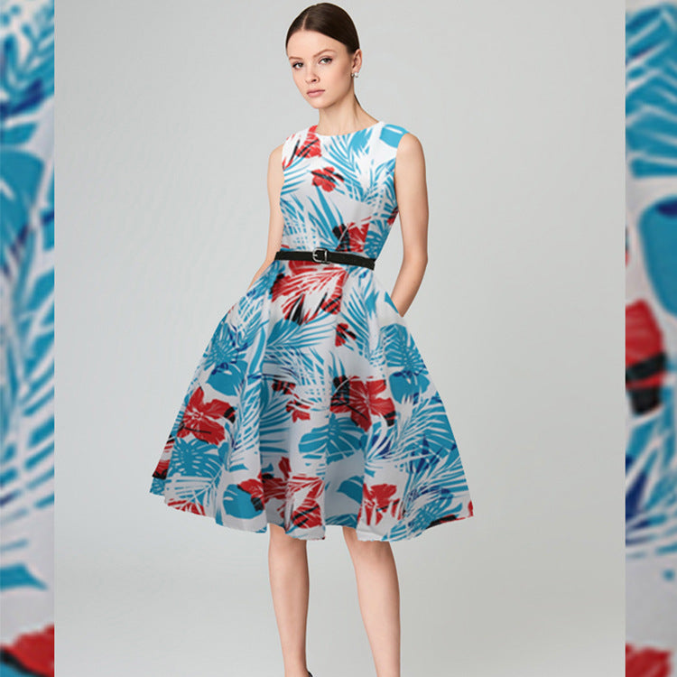 Women's retro-inspired cocktail dress with floral print and waist belt Ivyshape