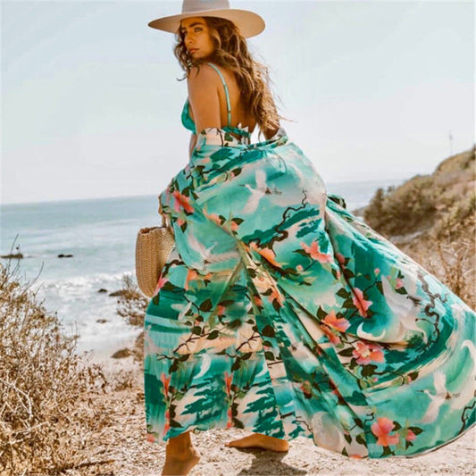 Women's Maxi Beach Dress with Elegant Side Slits and Floral Pattern Ivyshape