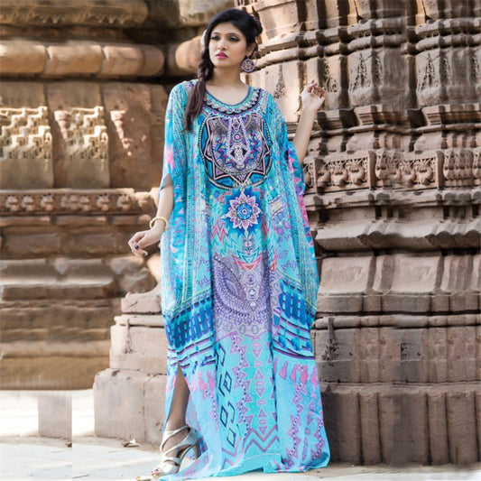 Women's elegant maxi kaftan with elaborate ethnic design and side slits Ivyshape