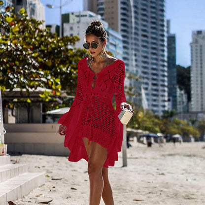 Women Casual Crochet Beach Cover-Up with Deep V-Neck and Loose Fit Ivyshape