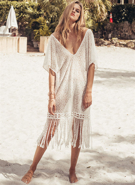Ladies elegant beach robe with delicate crochet pattern and fringes Ivyshape